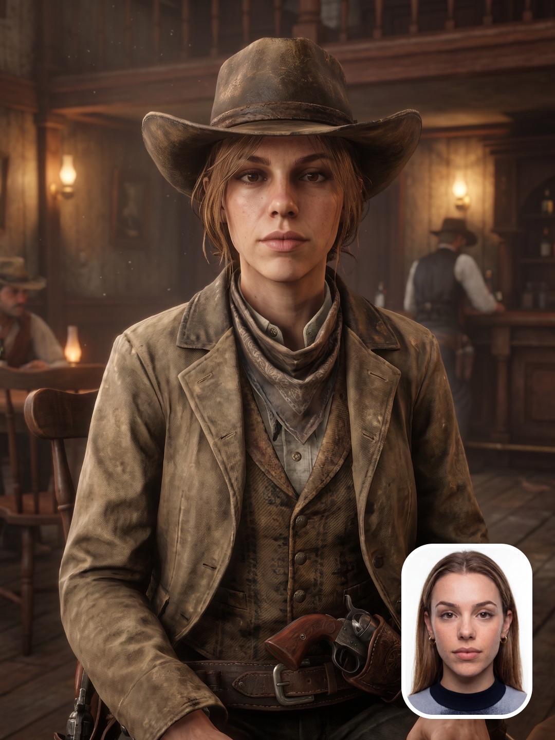 In-game cutscene: A studio portrait becomes a saloon scene